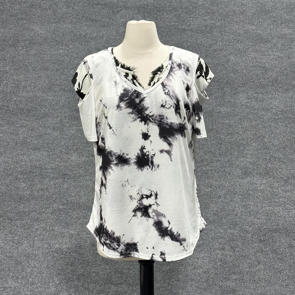 Daniel Rainn Shirt Womens Large Black White Tie Dye Short Sleeve V Neck Top